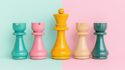 Colorful Chess Pieces on Pastel Background: Leadership and Strategy Concept in Vibrant Design
