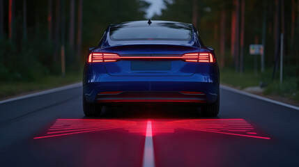Futuristic Electric Car on Road with Innovative Laser Projection Technology
