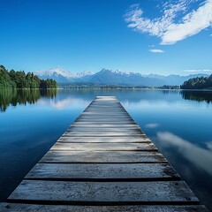 A serene alpine lake with a wooden pier extending into the still water under a clear blue sky