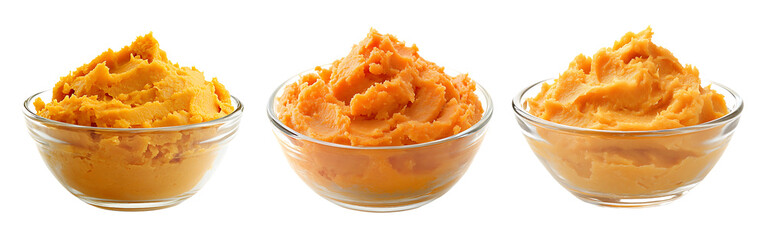 Collection of whipped mashed sweet potatoes served in a glass bowl isolated on a white or transparent background.