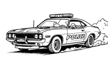 A classic police car coloring page with detailed outlines, perfect for kids and adults to color.