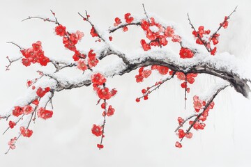 Snow-covered plum blossoms in red, delicate branches. Perfect for winter, nature, or Asian-themed designs.