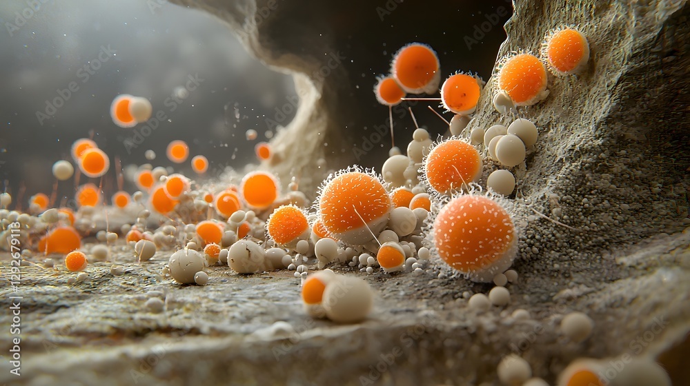 Poster photo of an electron microscope image showcasing the intricate structure and melanin layers of fungal cells that have adapted to thrive in environments with high levels of gamma radiation