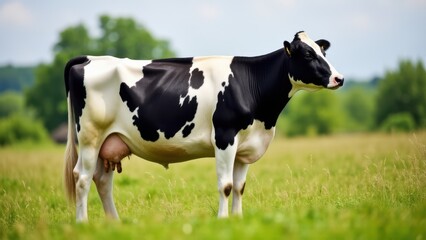A prim Holstein cow stands in a lush green field, showcasing its distinctive black and white markings.