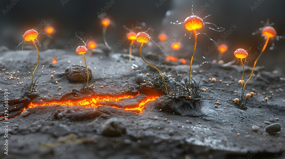 Poster Photograph Showcasing a View of Fungi Colonizing a Radioactive Surface with Simulated Light Effects Representing the Absorption of Gamma Radiation