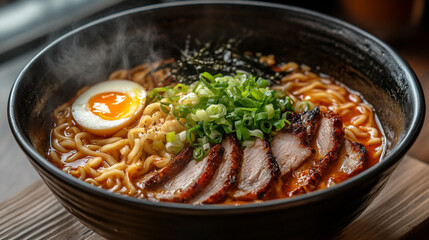  spicy ramen noodles with pork and egg tasty asian food bowl hot soup meal broth lunch