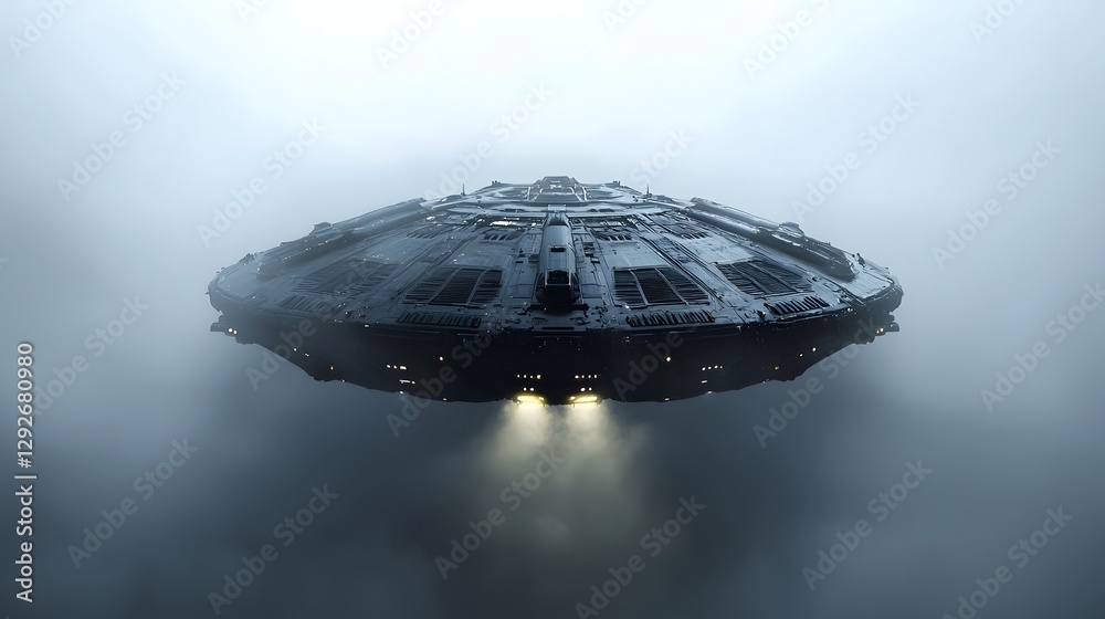Poster photographic representation of an advanced alien spacecraft obscured by a futuristic cloaking device that bends and refracts light
