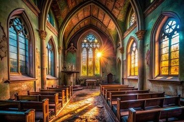 Fototapeta premium Ghostly chapel windows, dimmed light, AI-rendered beauty.