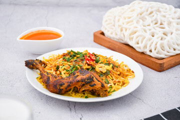 curry laksa with rice noodles and chicken. Laksa is a type of noodle dish with spices typical of Peranakan culture that combines Chinese and Malay. Asian traditional soup.