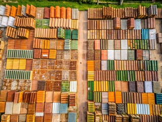 Fototapeta premium High-angle drone footage: clay tile test patterns, various materials.
