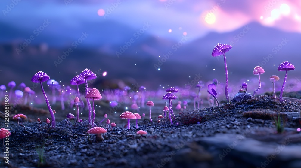 Poster representation of fungi evolving to survive in a gamma ray rich outer space environment  Glowing levitating mushrooms in a surreal cosmic landscape