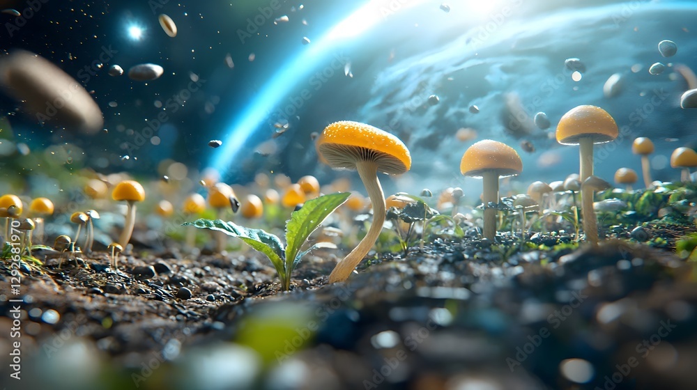 Wall mural representation of fungi evolving to survive in a gamma ray rich outer space environment showcasing t