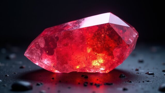 A stunning red quartz crystal with a glowing, fiery interior, resting on a dark surface with scattered small stones.