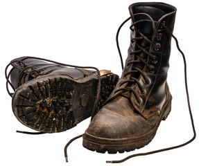 Used military boots stained with mud and dirt on a white background, Black dirty combat Military boots after going out into the battlefieldisolate on whie with clipping path. PNG file.