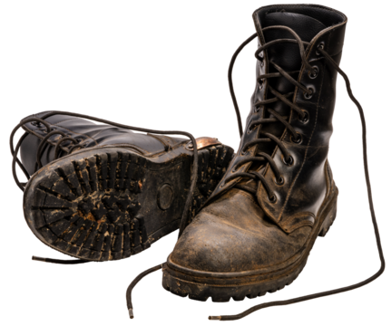 Used military boots stained with mud and dirt on a white background, Black dirty combat Military boots after going out into the battlefieldisolate on whie with clipping path. PNG file.