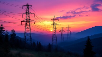 Sunset Power Lines Mountain Landscape