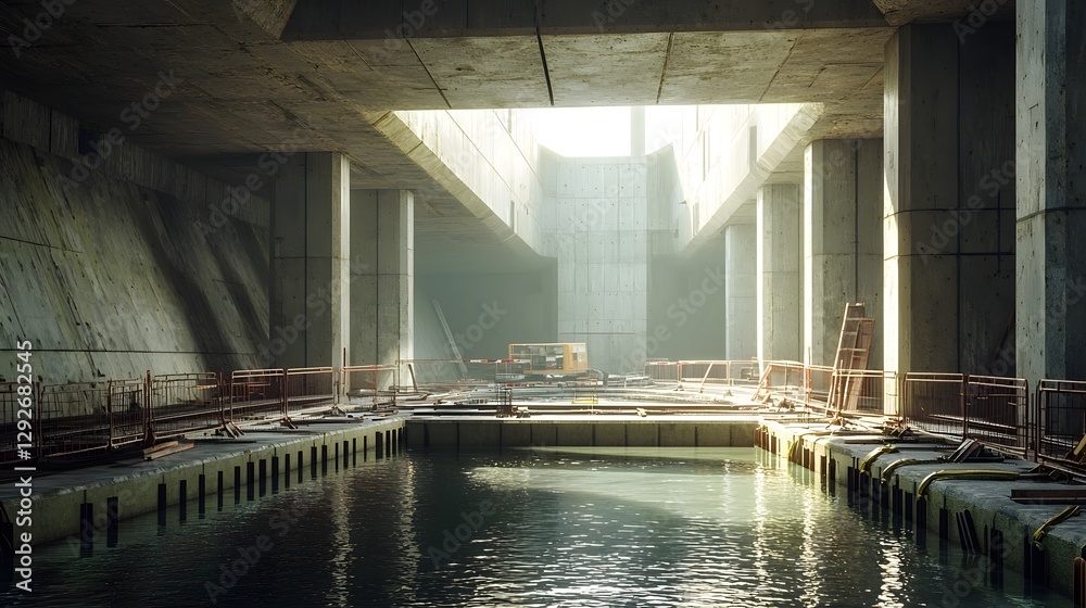 Poster sectional view of an underwater railway tunnel construction site featuring waterproof barriers and s