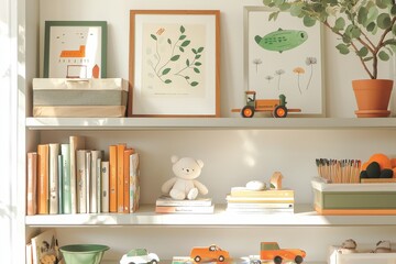 Bright And Inviting Home Office Bookshelf Background With Art And Plants, Perfect For Zoom Meetings, Warm Atmosphere