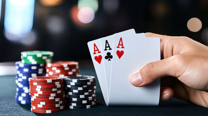 High stakes poker player holding aces in dark casino setting