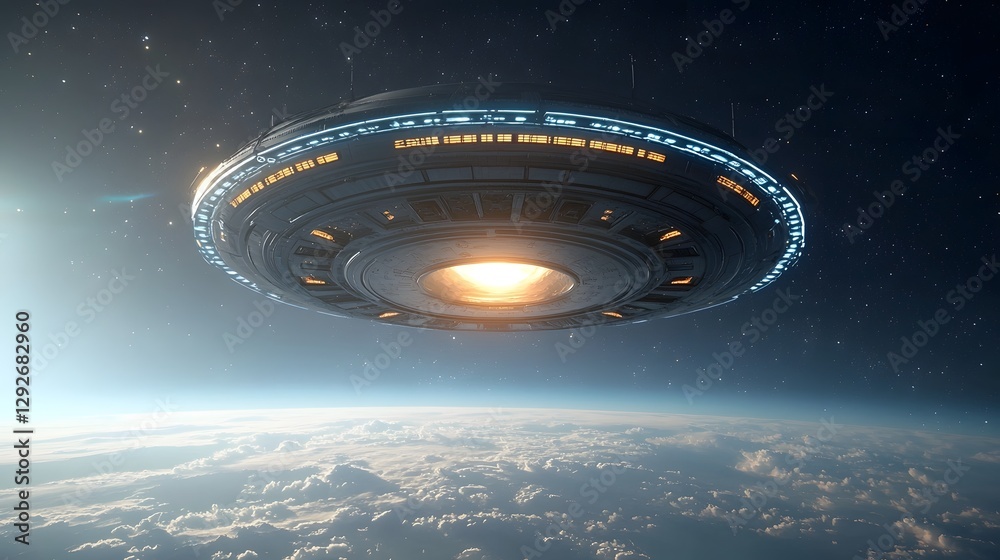 Poster Sleek and Organic Advanced Alien Spacecraft Hovering in the Atmosphere of an Unknown Mysterious Planet with a Futuristic Otherworldly Appearance