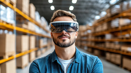 warehouse manager using augmented reality glasses to check stock levels