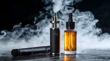 still life photography featuring a vape device and liquid set against a dramatic moody and smoky backdrop  The image has a modern minimalist and lifestyle oriented aesthetic