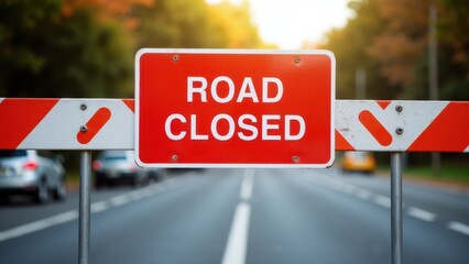 A road closed sign blocks a road with blurred cars in the background.