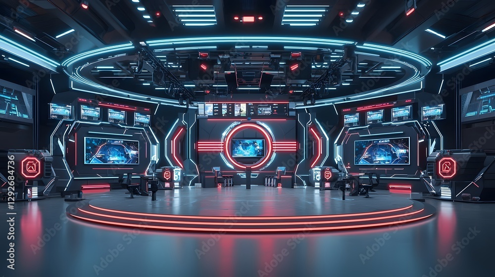 Aufkleber stunning high tech esports arena featuring a futuristic stage design with vibrant neon lighting crea