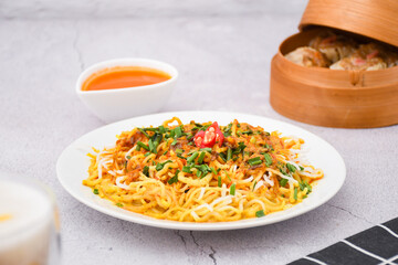 curry laksa with rice noodles. Laksa is a type of noodle dish with spices typical of Peranakan culture that combines Chinese and Malay. Asian traditional soup.