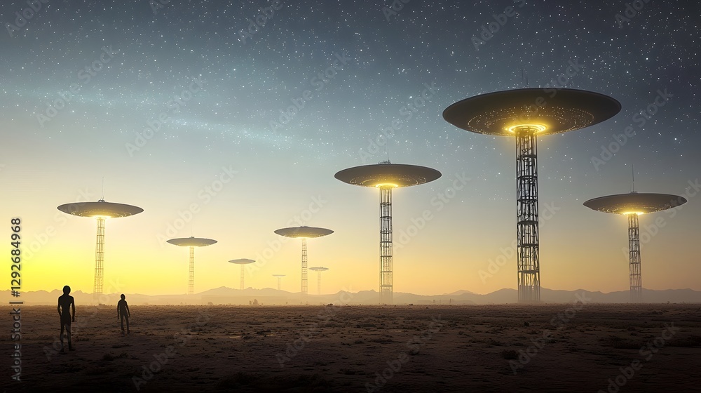 Aufkleber Surreal and futuristic alien cityscape featuring floating structures and bioluminescent towers illuminating the night sky against a backdrop of twinkling stars and a mysterious atmosphere