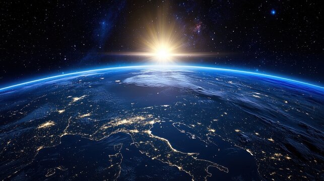 A celestial tunnel of glowing light forms above Earth guiding explorers to the stars