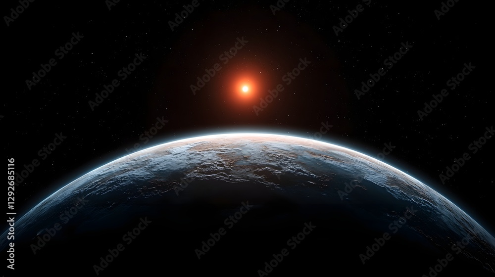 Poster Time lapse concept of the day night cycle on the exoplanet Proxima b orbiting its dim red dwarf star  The image showcases the planet s atmosphere surface