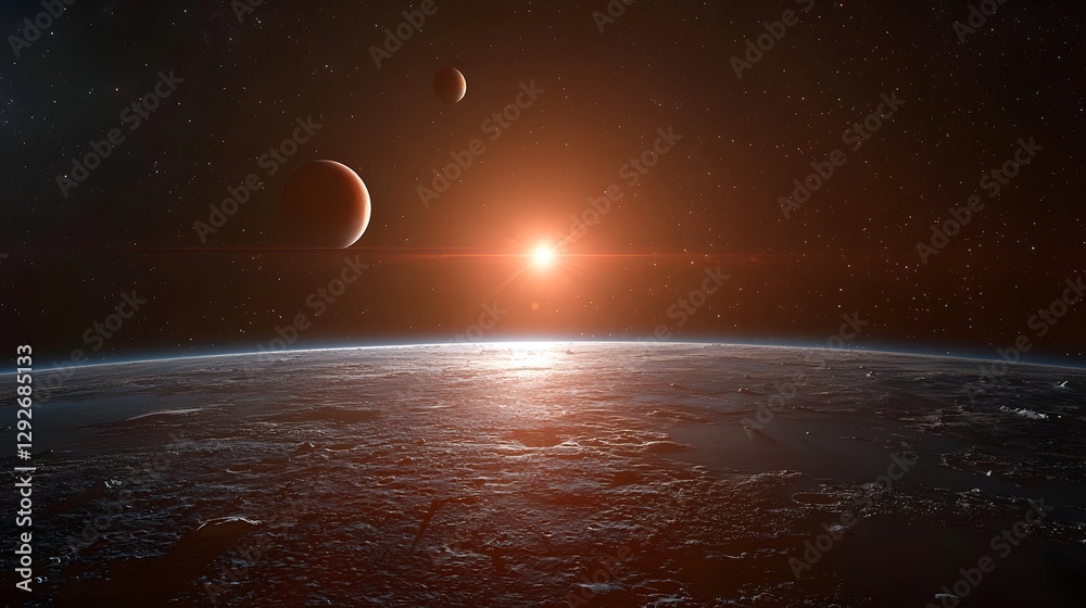 Poster time lapse photography showcasing the day night cycle of the exoplanet Proxima b as it orbits its dim red dwarf star Proxima Centauri in a distant binary system