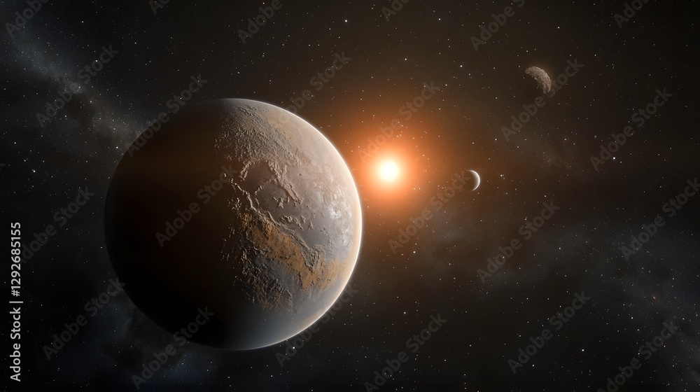 Poster time lapse rendering depicting the day night cycle of the exoplanet Proxima b as it orbits its parent star the dim red dwarf Proxima Centauri
