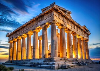 Obraz premium Pale blue sky, fading light on crumbling Greek temple ruins, AI art.