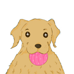 A Golden Retriever Holding a pink ball in Its Mouth Against a Bright Blue Background – A Playful and Adorable Digital Illustration of a Curious Dog with Big, Expressive Eyes and a Misch