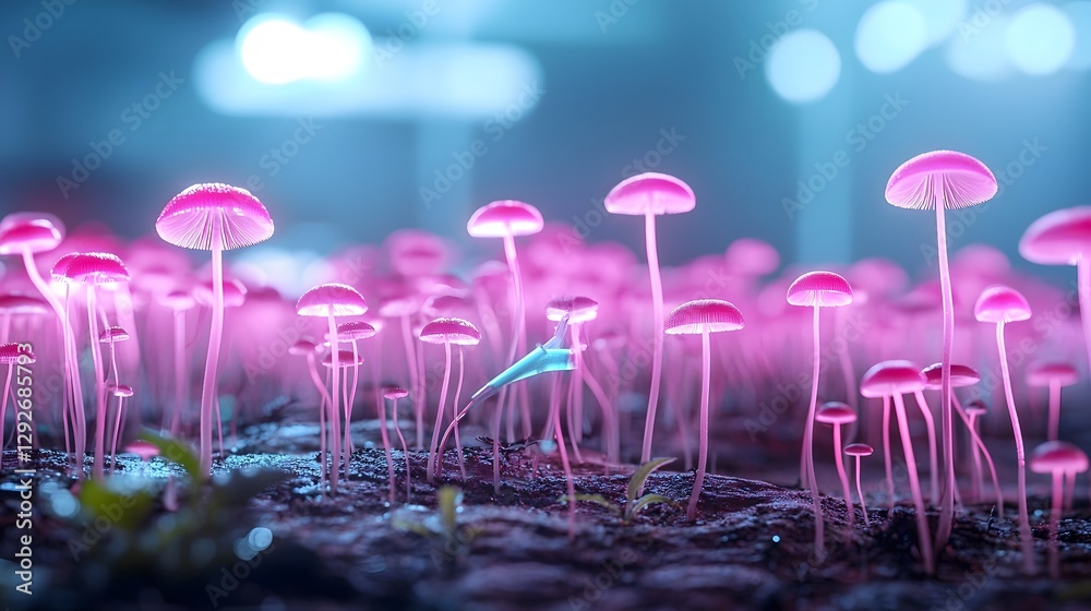 Poster view of a photo showcasing fungi colonizing a radioactive surface with light effects simulating gamma radiation absorption creating a surreal and fantastical landscape