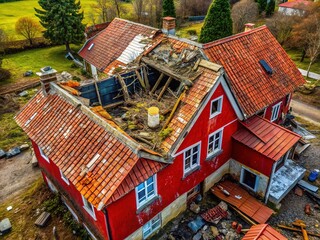 Red-roofed house, aerial, vintage damage.