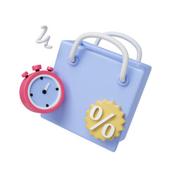 Shopping bag with timer and discount label, 3D render illustration.