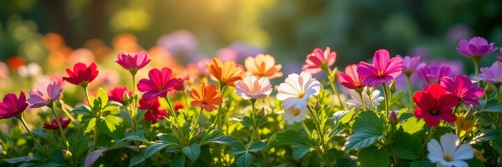 Fototapeta premium Beautiful campanula plants forming a colorful border in a sunny garden, blooming, colorful
