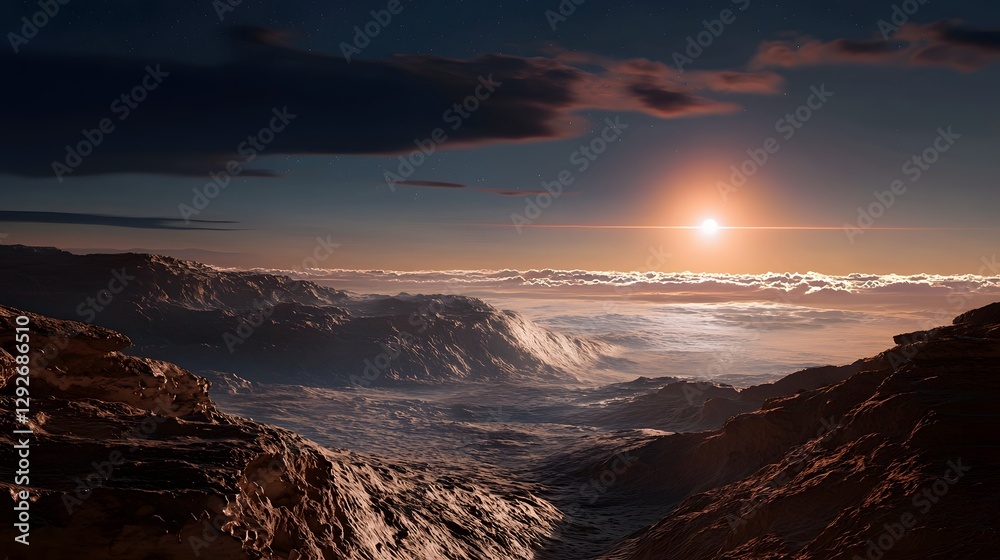 Aufkleber visualization of the hypothetical surface of the exoplanet Proxima b with oceans reflecting the faint red light of its nearby red dwarf star in a dramatic otherworldly landscape