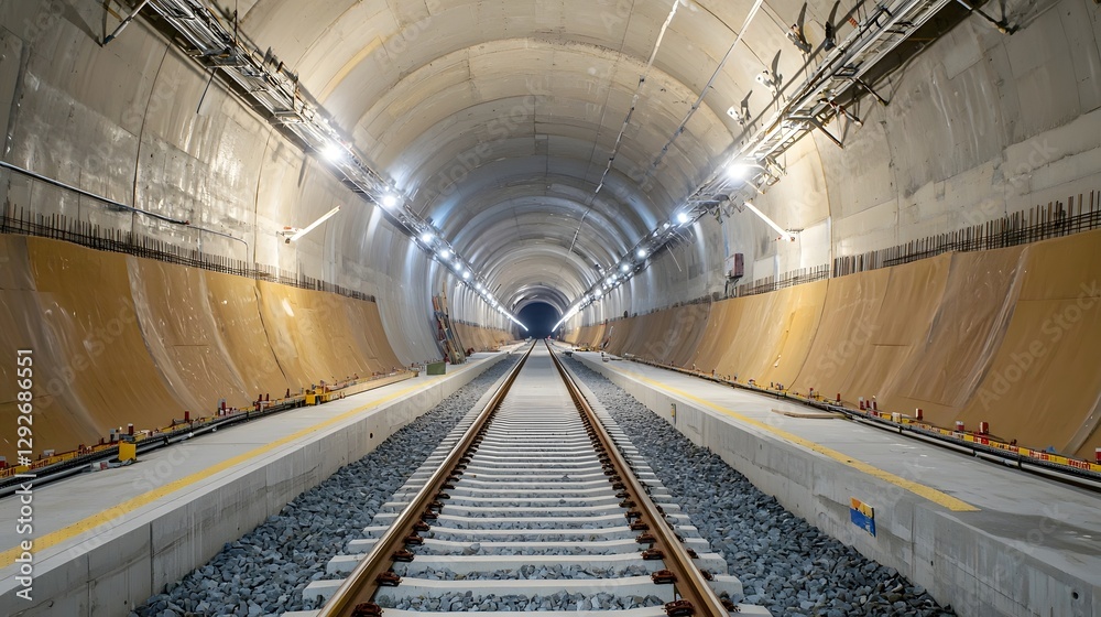 Poster visualization of the intricate drainage and waterproofing systems installed in a railway tunnel duri
