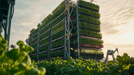 Fototapeta premium Vertical farming system modern agriculture technology green plants growing food crops fresh future