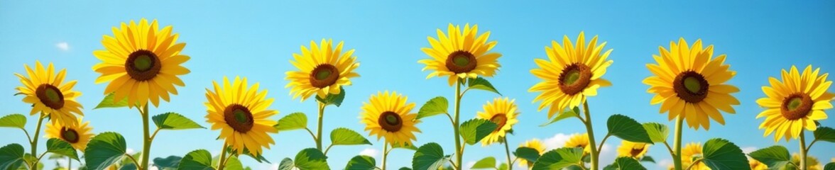 Obraz premium Beautiful wild sunflowers swaying in the wind against a clear blue sky, sunflowers, blue sky, yellow