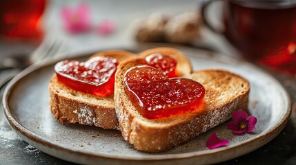 A playful and sweet Valentineâ€™s Day breakfast of heart-shaped jelly on toast, adding a personal touch to a day of love and togetherness.