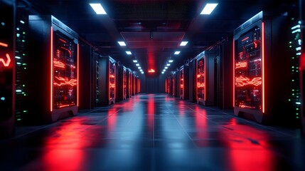 Fototapeta premium a server room with a futuristic and high-tech design, with rows of glowing servers and vibrant red lighting. It has a modern aesthetic, conveying technology and data storage.