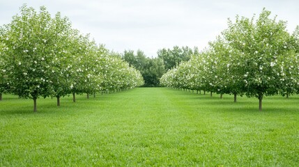 Obraz premium Blooming apple orchard rows, tranquil rural landscape, open space