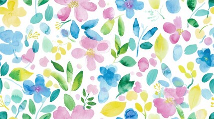 Vibrant Floral Pattern with Watercolor Blooms and Leaves on White Background