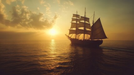 Fototapeta premium Sailboat sailing at sunset on the ocean.