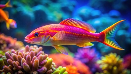 Fototapeta premium Underwater shot of a two-toned goatfish in a reef tank's silhouette.